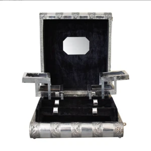 Vintage X-LARGE Silver Embossed Jewellery Box with MIDNIGHT BLACK Cotton Velvet - Picture 1 of 12