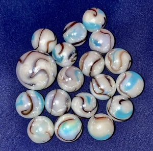 Tiger Shark Marble Lot 17 Player Marbles & 1 Shooter Marble White Blue & Brown - Picture 1 of 4