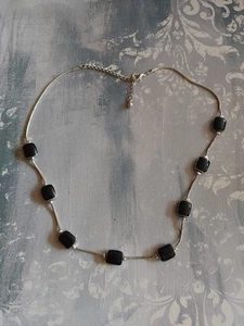 Vintage silver tone metal snake chain station necklace black enamel rectangle - Picture 1 of 6