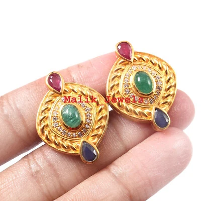 Natural Emerald Ruby Sapphire Stone 925 Sterling Silver Gold Platet Cufflinks #9 Foto 1 de 4