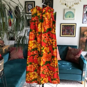 HAWAIIAN SURF size 10 Vintage 70's Orange Floral Barkcloth Maxi Dress - Picture 1 of 5