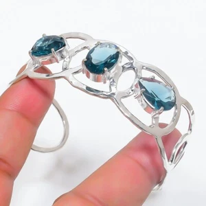 London Blue Topaz Gemstone 925 Sterling Silver Jewelry Adjustable Cuff Bracelet - Picture 1 of 1