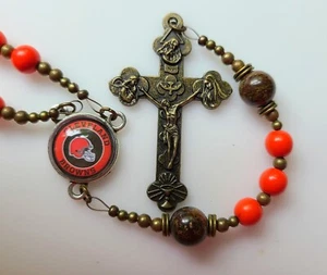 Cleveland Browns Rosary Necklace Football Orange Howlite and Bronzite Gemstones - Picture 1 of 13