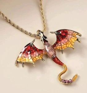 Collier dragon Rouge & Orange, émaux et strass, 60 Cm, Neuf - Picture 1 of 1