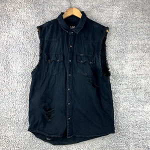 LEE distressed pearl snap shirt cut off sleeves black button up Mens Size Large - Picture 1 of 6