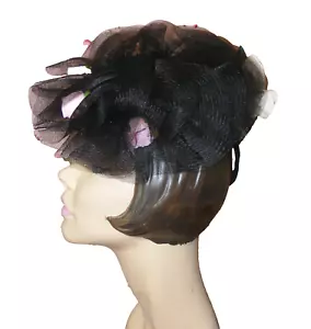 40s HAT BLACK FAUX HORSEHAIR & ROSES BACK RING FASCINATOR 40S FASHION MILLINERY - Picture 1 of 10