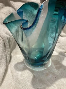 Royal Gallery Poland Teal Vase Handkerchief Ruffle Hand Blown Glass Lg Vase 12" - Picture 1 of 24