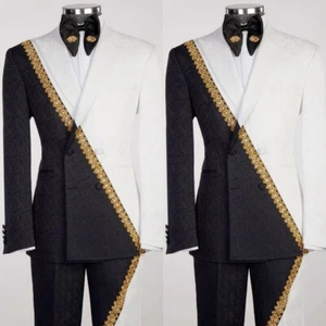 Jacquard Men's Suit Black&White Wedding Gold Beaded 2Pcs Party Prom Jakcet Pants - Picture 1 of 6