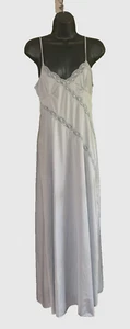 Vtg Lily of France Long Silky Nylon Nightgown Silver Blue Lace Side Slit Sz M - Picture 1 of 16