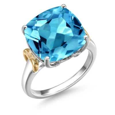 Anillo Cojín 8,30 Ct Topacio Azul Suizo Plata 925 y Oro Amarillo 10K Foto 1 de 4