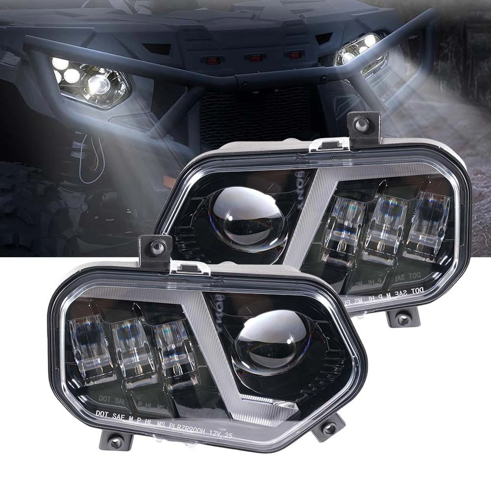 Fits for Polaris Scrambler 850 1000, RZR 800 900 Black LED Headlights DRLs - Image 1 of 4