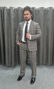 Mens Two Piece Suit Chest 36" Waist 32" Grey Tan Check Tailored, Races, Groom, - Picture 1 of 8