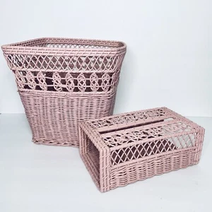 Vintage Pink Wicker Waste Basket And Tissue Holder - Foto 1 di 1
