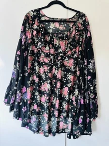 Túnica Free People Loretta Floral Mangas Volantes Negra Talla M Fluida Femenina - Imagen 1 de 9