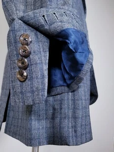 46L Bespoke HOLLAND SHERRY Full-canvas 4 season Blue Gray Plaid Jacket Coat - Picture 1 of 9