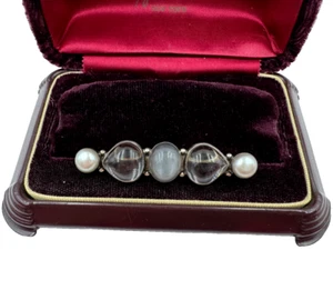 JGD NATURAL GEMSTONE MOONSTONE PEARLS STERLING SILVER 925 VINTAGE BAR BROOCH - Picture 1 of 9