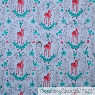 BonEful FABRIC Cotton Quilt White Green Leaf Pink Flower Deer Baby Damask SCRAP - Image 1 of 4