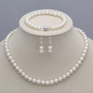 7-8mm Real Natural White Freshwater Pearl Necklace 23'' Bracelet 8.5'' Earrings - Picture 1 of 4