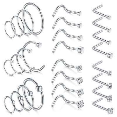 28pcs Nose Hoop Rings L Bone Screw Shaped Nose Studs Surgical Steel Piercing - Image 1 of 4