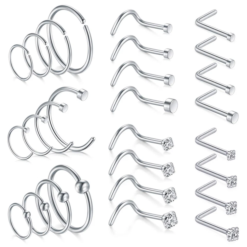 28pcs Nose Hoop Rings L Bone Screw Shaped Nose Studs Surgical Steel Piercing - Image 1 of 4