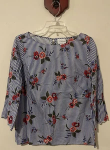 Liz Claiborne Womens Small Blue Striped Floral Cotton Blouse! A2556 - Picture 1 of 5