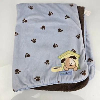 Carter's Just One Year Dog Gone Cute Blue Baby Blanket Puppy Paws Brown Sherpa - Image 1 of 4