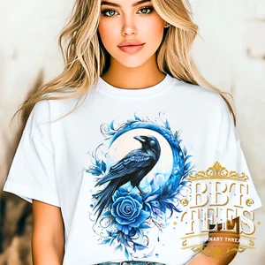 Mystic Raven and Blue Rose T-Shirt – Crescent Moon Raven Tee – | DTG Graphic - Picture 1 of 12
