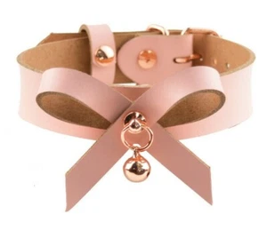 AURUM Stunning Rose Gold Blush Pink leather Kitten Bow & Bell Collar C25B - Picture 1 of 3