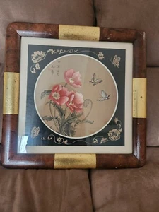 Vtg Asian floral and butterfly framed art print Smoke Free Home - Picture 1 of 2