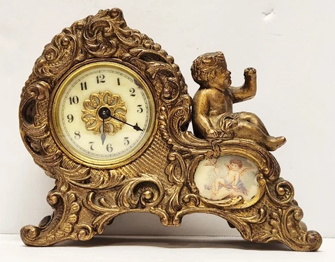 Antique Waterbury Gilded Brass Clock with Porcelain Panel Cherubs NOT WORKING Cover