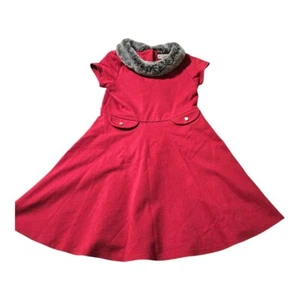 Hope & Henry 5 Girls Solid Red Ponte Knit Dress Faux Fur Collar Gold Buttons - Picture 1 of 8