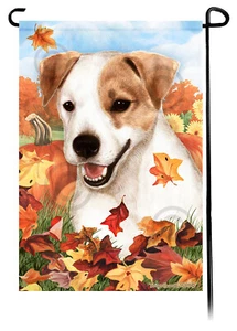 Falling Leaves Garden Flag - Tan and White Jack Russell Terrier - Picture 1 of 1