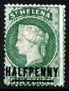 ST. HELENA QV 1884 Medio centavo Recargo en Corona Esmeralda Wmk CA P.14 SG 34 COMO NUEVO - Imagen 1 de 2