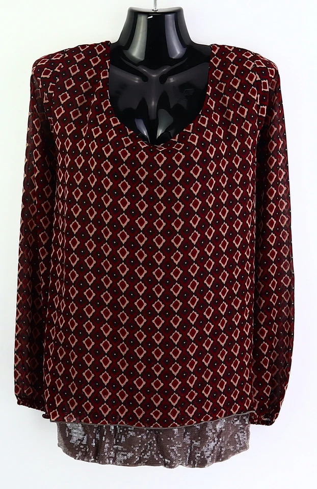 Bluse mit U-Ausschnitt Gr. 44 Schwarz bedruckt Damen Langarmbluse Hemd RPW - Bild 1 von 1