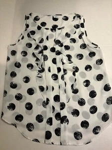 Women’s Elle Sleeveless Medium Blouse White Black Dots With Ruffles - Picture 1 of 6