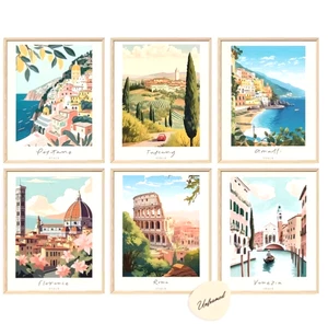 Art Italy Travel Posters 6pc Set Positano, Amalfi, VeniceTuscany, Rome, Florence - Picture 1 of 4