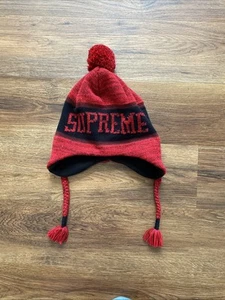 SUPREME Beanie Ear Flap Winter Hat With Pom RED & Black New York City - Picture 1 of 10