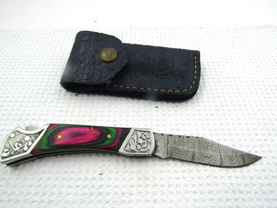 Handmade Damascus Lock-Back  Folding Knife With Leather Sheath New 7" - Image 1 of 4