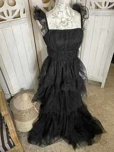 Lulus Tulle For Love schwarz Netz Tüll Stufen Rüschen Kleid Goth Whimsigoth XS - Bild 1 von 7
