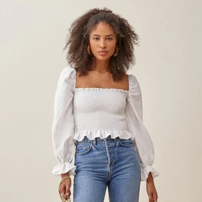 Top Reformation Mujer Pequeño Mandarina Blanco Lino Calado Cuadrado Cottagecore Foto 1 de 4