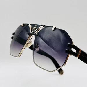 Philipp Plein Sunglasses Men Women Square Black Gold Mod. ICON SPP077 NEW - Picture 1 of 12