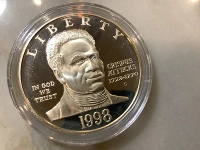 1998 S Proof Silver 1oz Coin  Crispus Attucks Commemorative Uncirculated - Image 1 of 2