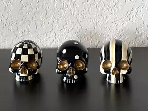 MacKenzie Childs SET 3 MINI SKULLS Courtly Check/Stripes HALLOWEEN DECOR NEW+BOX - Picture 1 of 14