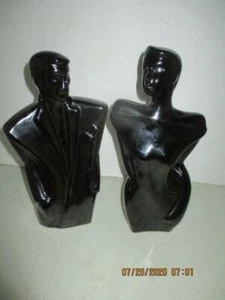Art Deco Man & Woman Black Ceramic Figurines Bust Statuettes 10" Tall Unbranded - Picture 1 of 1