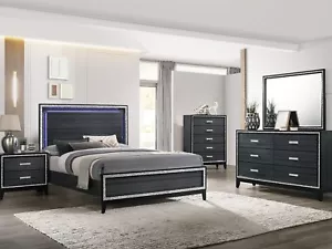 NEW Modern Black 5pcs Bedroom Set Furniture w/ Queen or King LED Panel Bed IABI - Picture 1 of 4