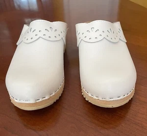 Hanna Andersson Swedish Clogs White Leather Wooden Sole - Picture 1 of 8