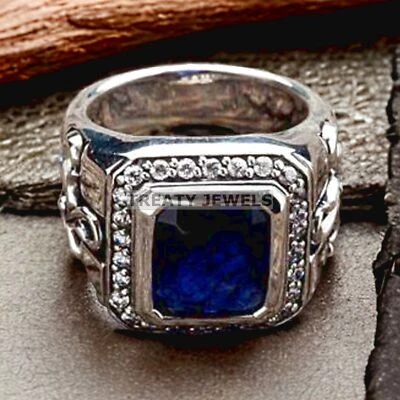 Piedras preciosas de zafiro azul talla esmeralda con anillo de plata de ley 925 para hombre #296 Foto 1 de 4