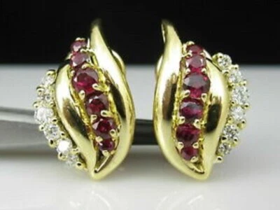 10K Yellow Gold 2Ct Lab-Created Red Ruby Diamond Omega Back Stud Earring - Image 1 of 4