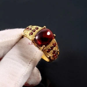 Natural Garnet Gemstone with Gold Plated 925 Sterling Silver Ring for Men's 3586 - Picture 1 of 3