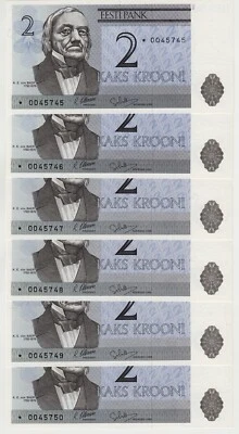 ESTONIA P70r 2 KROONI 1992 UNC Set 6 REPLACEMENT NOTES with Consecutive Numbers - Image 1 of 2